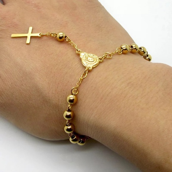 Stainless Steel Cross Pendant Bead Bracelet - Picture 3 of 6